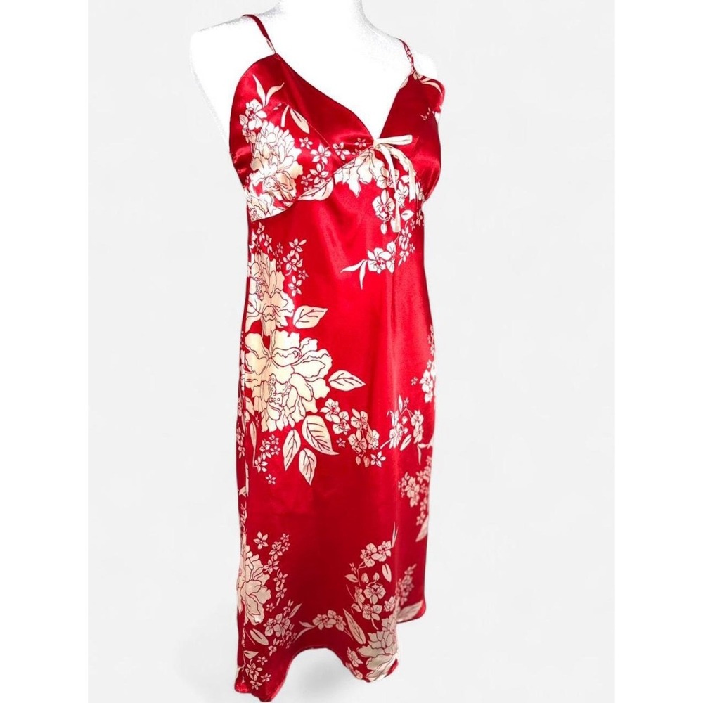 Vintage Y2K Red Floral Satin Slip Dress, Size Medium